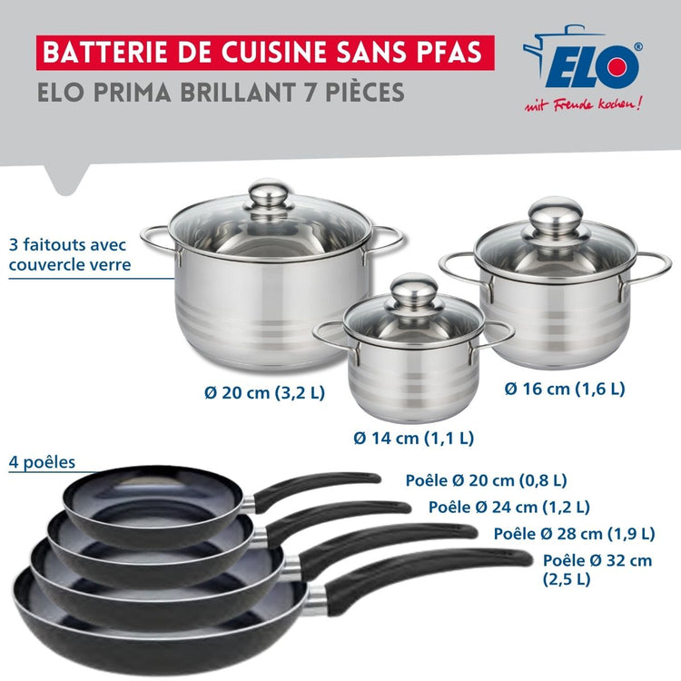 Ensemble de 4 Poêles de cuisson 20, 24, 28 et 32 cm et 3 faitouts 14, 16 et 20 cm Elo Prima Brillant