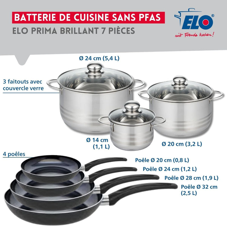 Ensemble de 4 Poêles de cuisson 20, 24, 28 et 32 cm et 3 faitouts 14, 20 et 24 cm Elo Prima Brillant