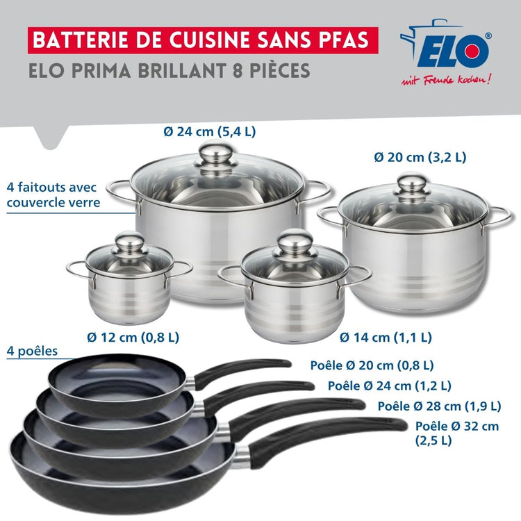 Ensemble de 4 Poêles de cuisson 20, 24, 28 et 32 cm et 4 faitouts 12, 14, 20 et 24 cm Elo Prima Brillant