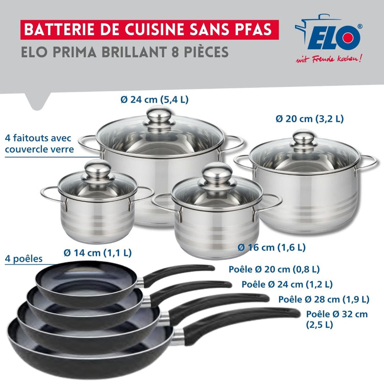 Ensemble de 4 Poêles de cuisson 20, 24, 28 et 32 cm et 4 faitouts 14, 16, 20 et 24 cm Elo Prima Brillant