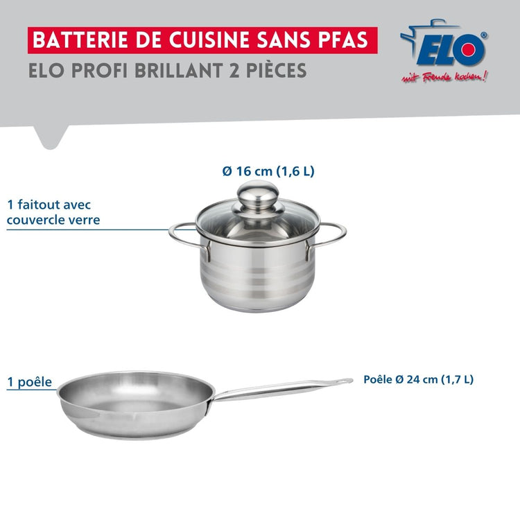 Ensemble de 1 Poêle de cuisson 24 cm et 1 faitout 16 cm Elo Profi Brillant