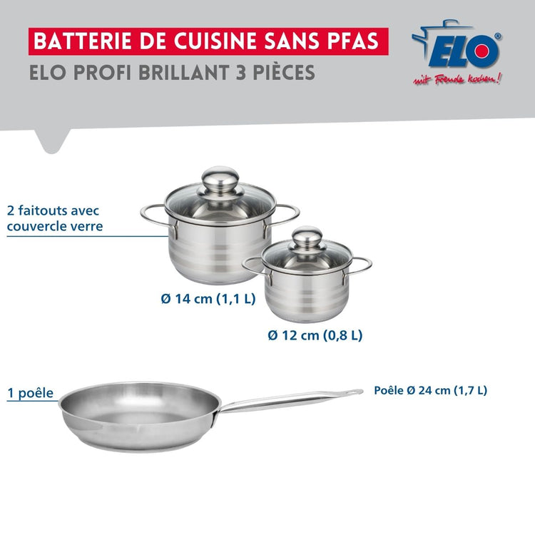 Ensemble de 1 Poêle de cuisson 24 cm et 2 faitouts 12 et 14 cm Elo Profi Brillant