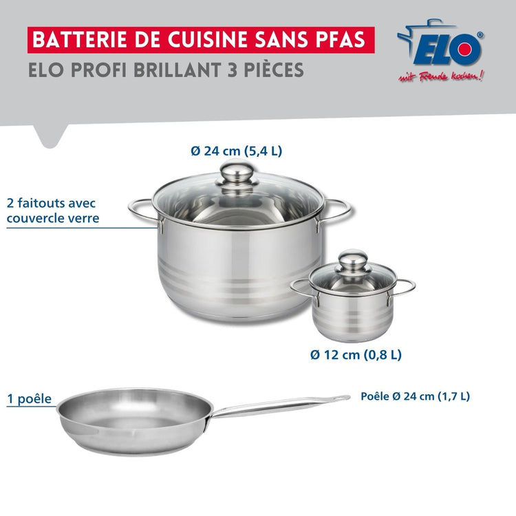 Ensemble de 1 Poêle de cuisson 24 cm et 2 faitouts 12 et 24 cm Elo Profi Brillant