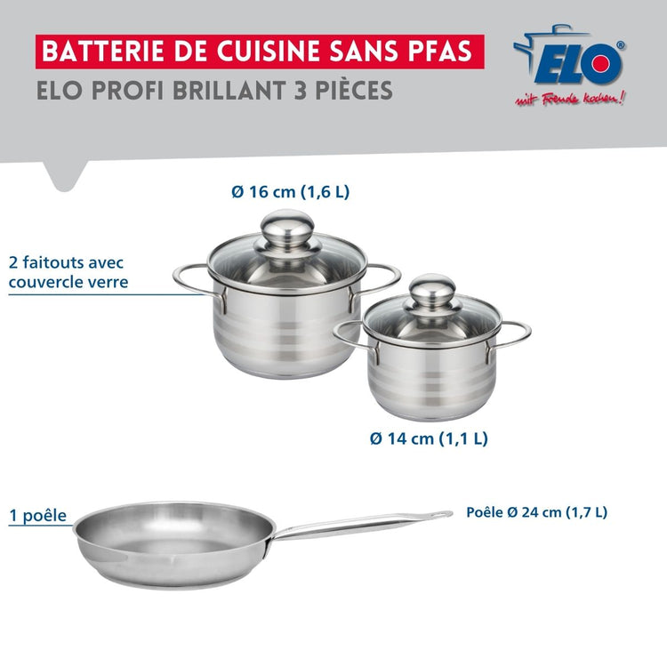 Ensemble de 1 Poêle de cuisson 24 cm et 2 faitouts 14 et 16 cm Elo Profi Brillant