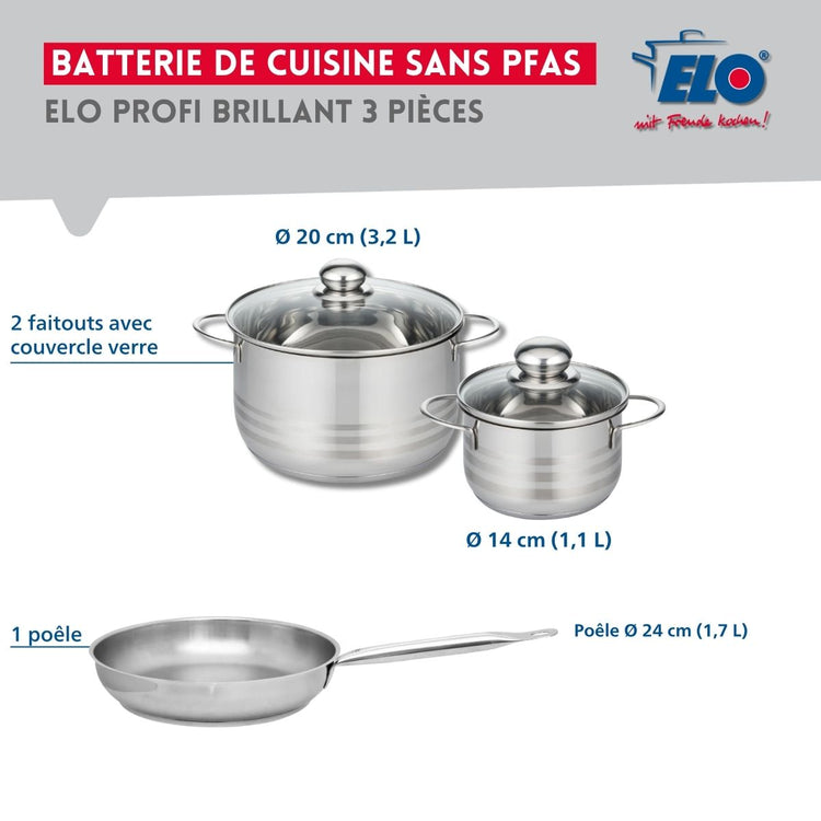 Ensemble de 1 Poêle de cuisson 24 cm et 2 faitouts 14 et 20 cm Elo Profi Brillant