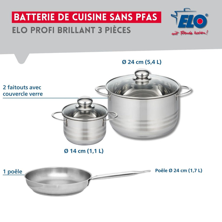 Ensemble de 1 Poêle de cuisson 24 cm et 2 faitouts 14 et 24 cm Elo Profi Brillant