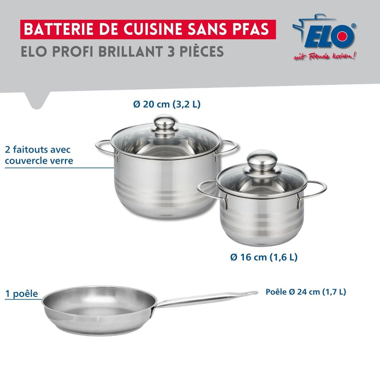 Ensemble de 1 Poêle de cuisson 24 cm et 2 faitouts 16 et 20 cm Elo Profi Brillant