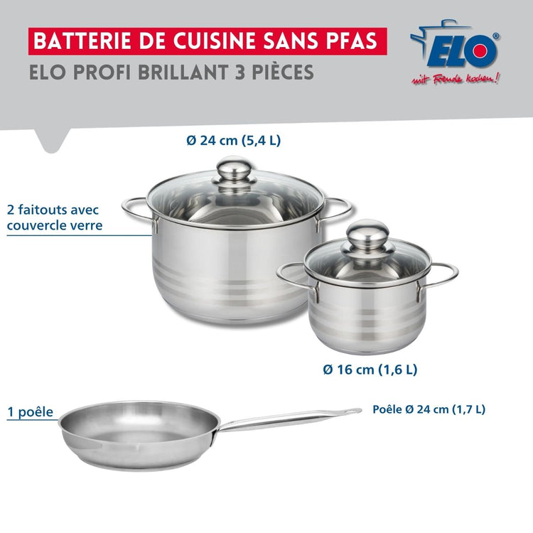 Ensemble de 1 Poêle de cuisson 24 cm et 2 faitouts 16 et 24 cm Elo Profi Brillant