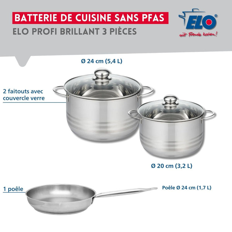 Ensemble de 1 Poêle de cuisson 24 cm et 2 faitouts 20 et 24 cm Elo Profi Brillant