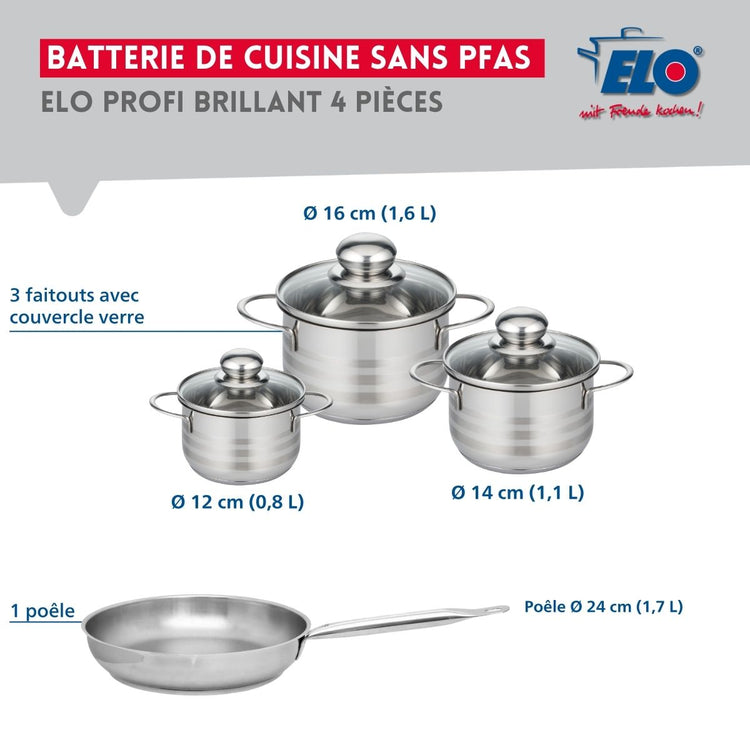 Ensemble de 1 Poêle de cuisson 24 cm et 3 faitouts 12, 14 et 16 cm Elo Profi Brillant