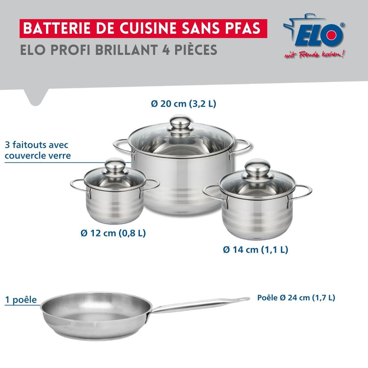 Ensemble de 1 Poêle de cuisson 24 cm et 3 faitouts 12, 14 et 20 cm Elo Profi Brillant