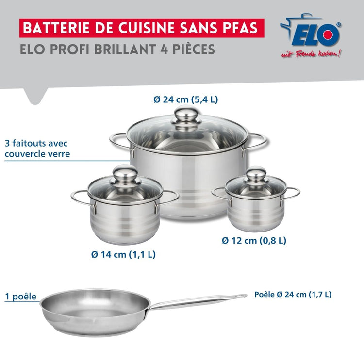 Ensemble de 1 Poêle de cuisson 24 cm et 3 faitouts 12, 14 et 24 cm Elo Profi Brillant