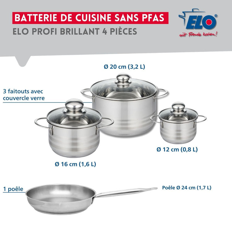 Ensemble de 1 Poêle de cuisson 24 cm et 3 faitouts 12, 16 et 20 cm Elo Profi Brillant