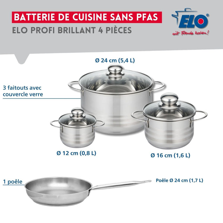 Ensemble de 1 Poêle de cuisson 24 cm et 3 faitouts 12, 16 et 24 cm Elo Profi Brillant