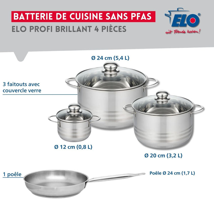 Ensemble de 1 Poêle de cuisson 24 cm et 3 faitouts 12, 20 et 24 cm Elo Profi Brillant