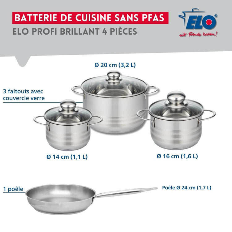 Ensemble de 1 Poêle de cuisson 24 cm et 3 faitouts 14, 16 et 20 cm Elo Profi Brillant