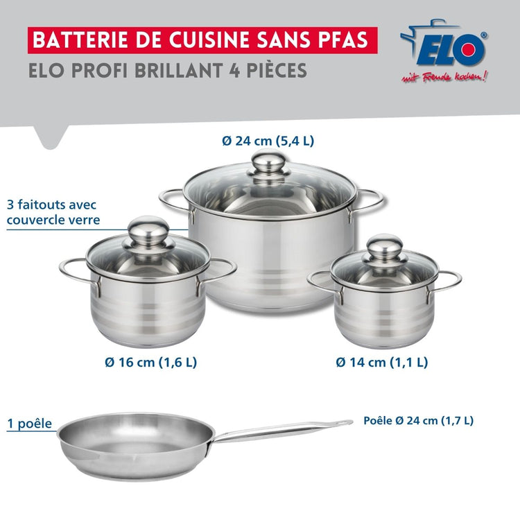 Ensemble de 1 Poêle de cuisson 24 cm et 3 faitouts 14, 16 et 24 cm Elo Profi Brillant