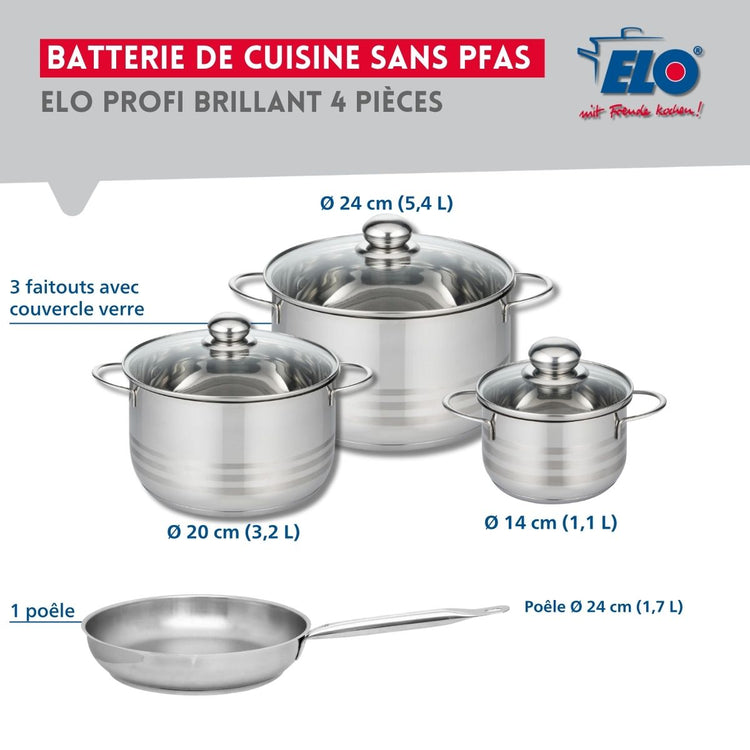 Ensemble de 1 Poêle de cuisson 24 cm et 3 faitouts 14, 20 et 24 cm Elo Profi Brillant