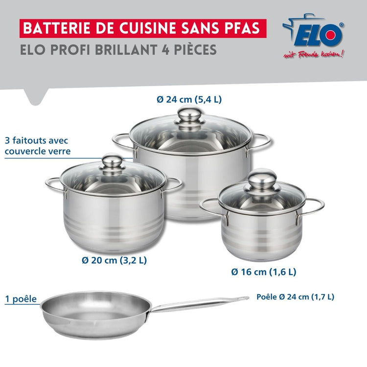 Ensemble de 1 Poêle de cuisson 24 cm et 3 faitouts 16, 20 et 24 cm Elo Profi Brillant