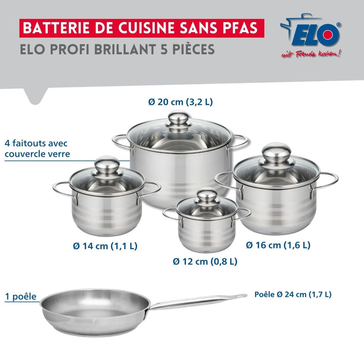 Ensemble de 1 Poêle de cuisson 24 cm et 4 faitouts 12, 14, 16 et 20 cm Elo Profi Brillant