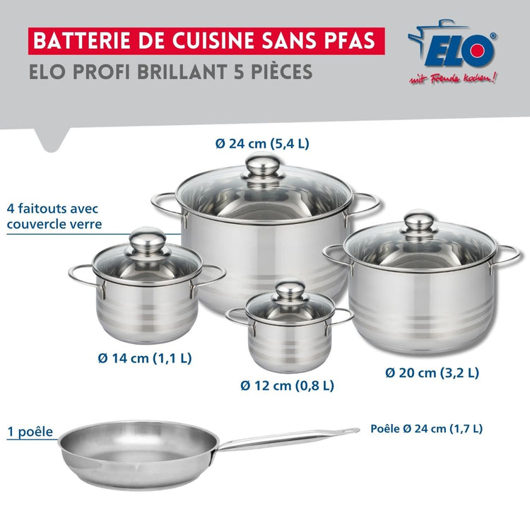 Ensemble de 1 Poêle de cuisson 24 cm et 4 faitouts 12, 14, 20 et 24 cm Elo Profi Brillant