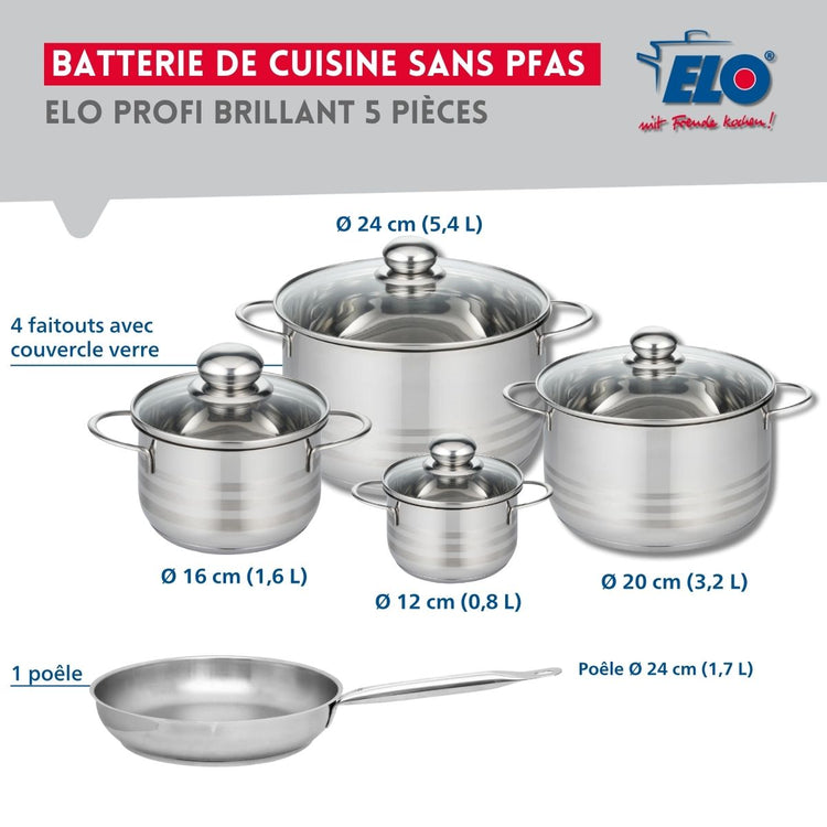 Ensemble de 1 Poêle de cuisson 24 cm et 4 faitouts 12, 16, 20 et 24 cm Elo Profi Brillant