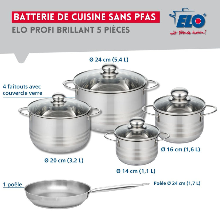 Ensemble de 1 Poêle de cuisson 24 cm et 4 faitouts 14, 16, 20 et 24 cm Elo Profi Brillant