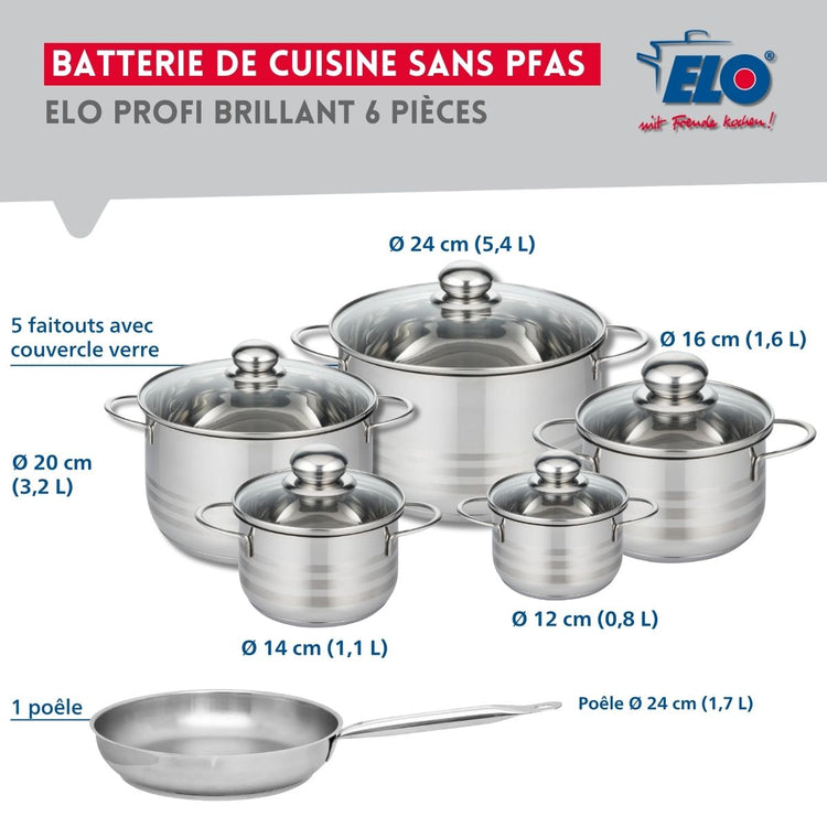 Ensemble de 1 Poêle de cuisson 24 cm et 5 faitouts 12, 14, 16, 20 et 24 cm Elo Profi Brillant