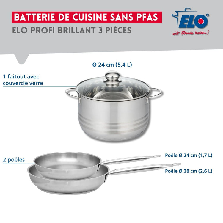 Ensemble de 2 Poêles de cuisson 24 et 28 cm et 1 faitout 24 cm Elo Profi Brillant