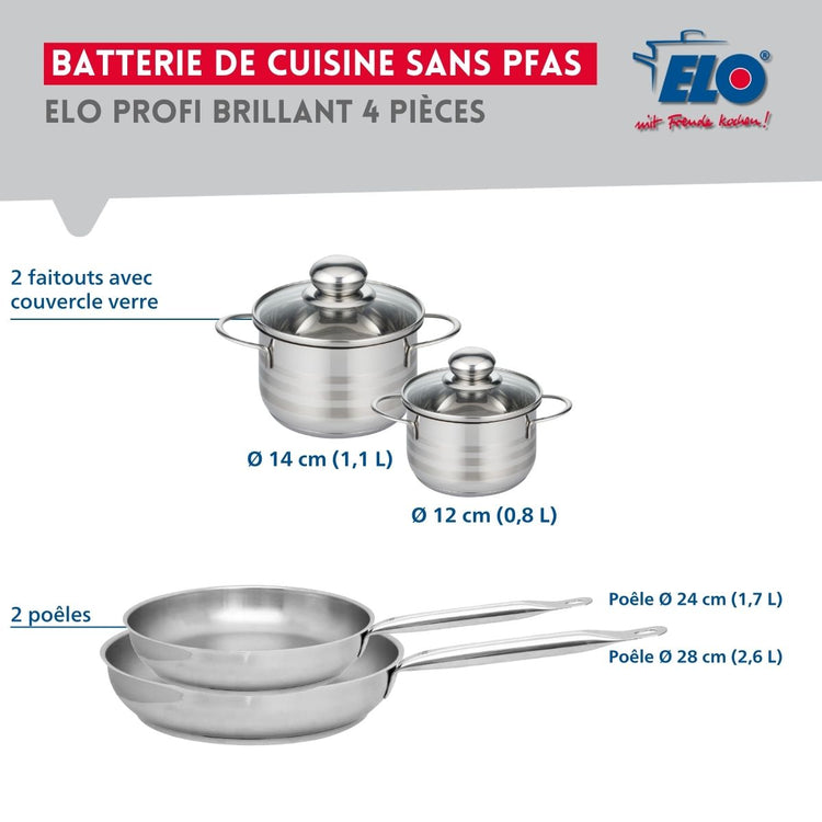 Ensemble de 2 Poêles de cuisson 24 et 28 cm et 2 faitouts 12 et 14 cm Elo Profi Brillant