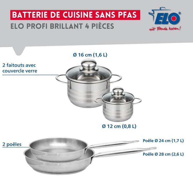 Ensemble de 2 Poêles de cuisson 24 et 28 cm et 2 faitouts 12 et 16 cm Elo Profi Brillant