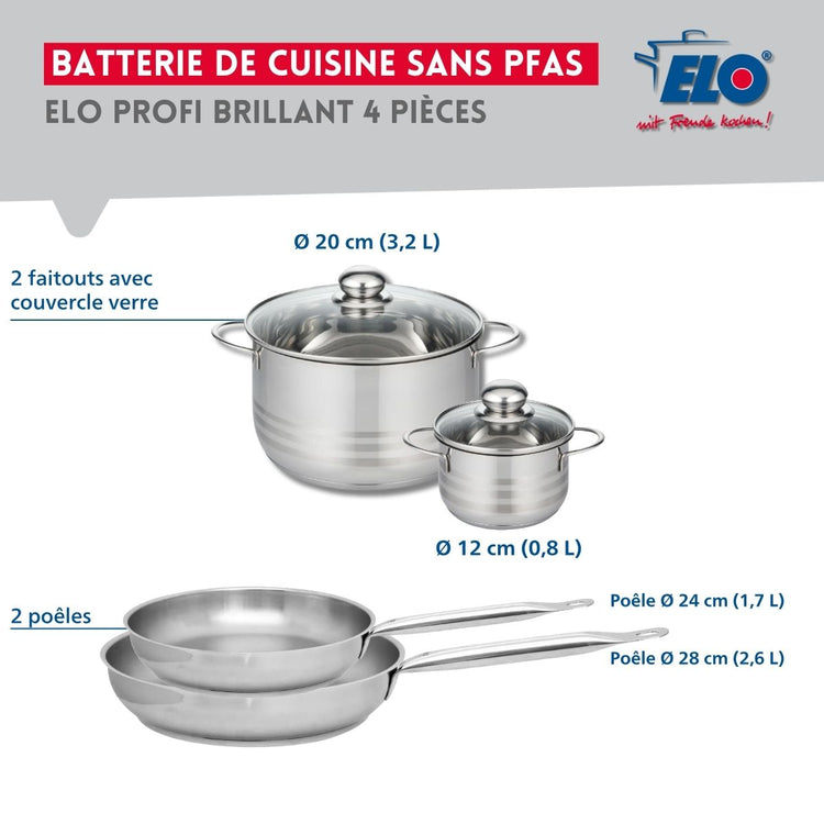 Ensemble de 2 Poêles de cuisson 24 et 28 cm et 2 faitouts 12 et 20 cm Elo Profi Brillant