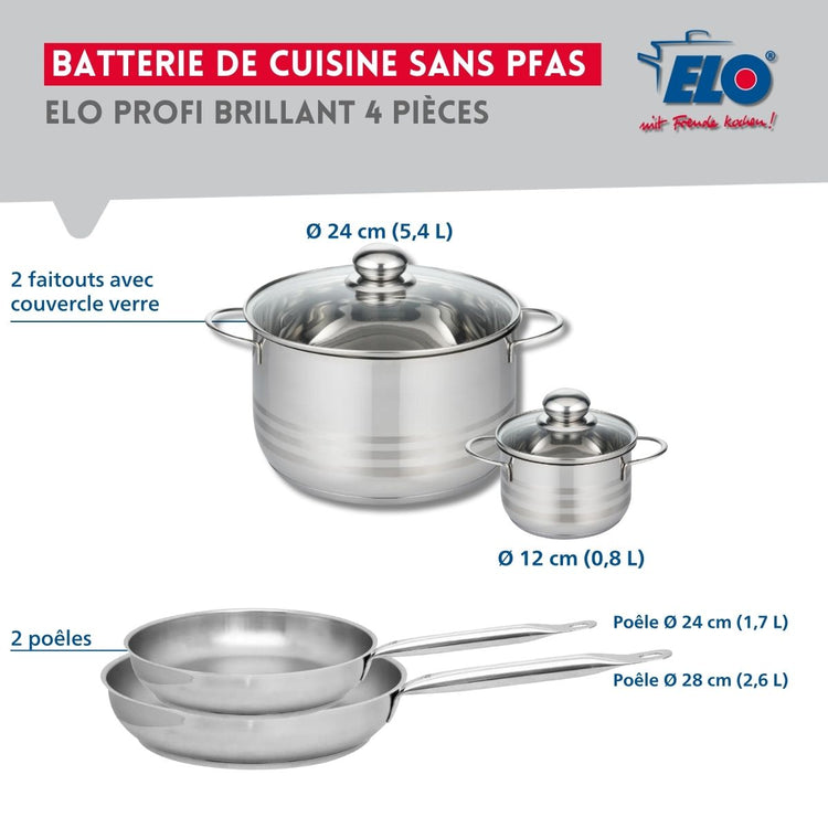 Ensemble de 2 Poêles de cuisson 24 et 28 cm et 2 faitouts 12 et 24 cm Elo Profi Brillant