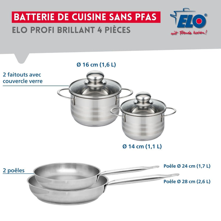 Ensemble de 2 Poêles de cuisson 24 et 28 cm et 2 faitouts 14 et 16 cm Elo Profi Brillant