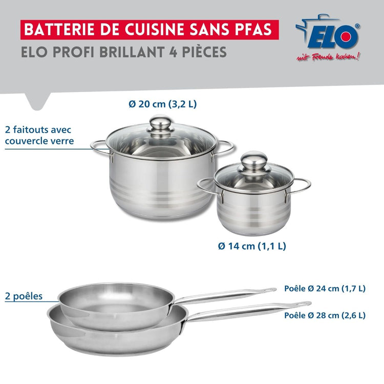 Ensemble de 2 Poêles de cuisson 24 et 28 cm et 2 faitouts 14 et 20 cm Elo Profi Brillant