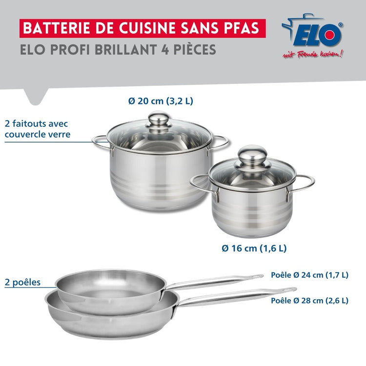 Ensemble de 2 Poêles de cuisson 24 et 28 cm et 2 faitouts 16 et 20 cm Elo Profi Brillant