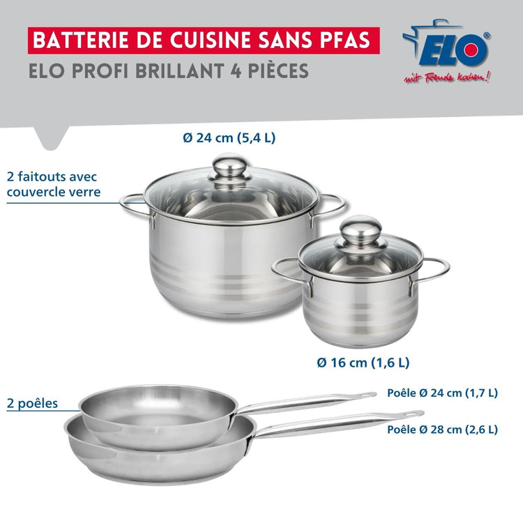 Ensemble de 2 Poêles de cuisson 24 et 28 cm et 2 faitouts 16 et 24 cm Elo Profi Brillant