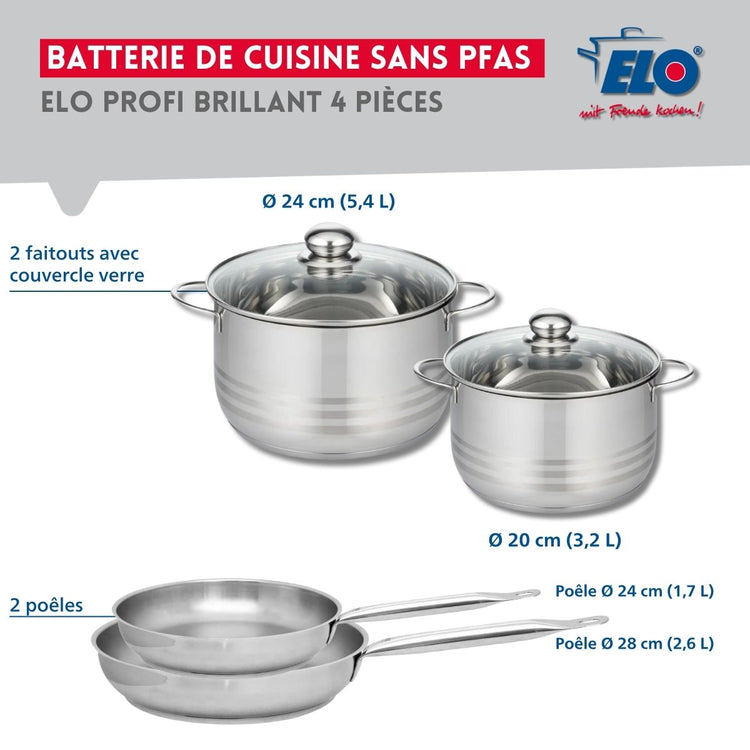 Ensemble de 2 Poêles de cuisson 24 et 28 cm et 2 faitouts 20 et 24 cm Elo Profi Brillant