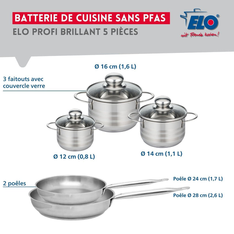 Ensemble de 2 Poêles de cuisson 24 et 28 cm et 3 faitouts 12, 14 et 16 cm Elo Profi Brillant