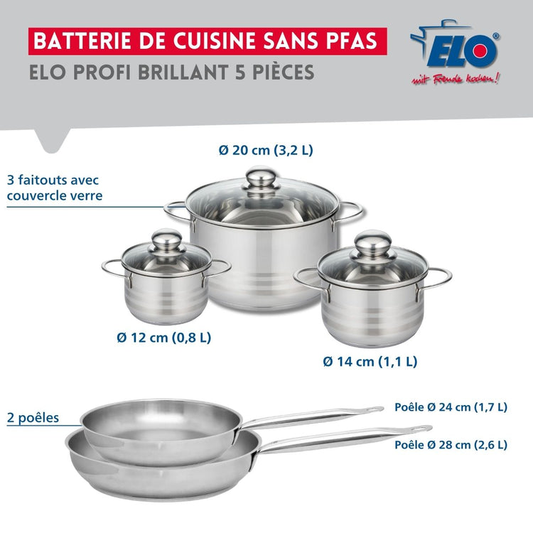 Ensemble de 2 Poêles de cuisson 24 et 28 cm et 3 faitouts 12, 14 et 20 cm Elo Profi Brillant