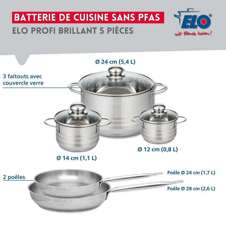 Ensemble de 2 Poêles de cuisson 24 et 28 cm et 3 faitouts 12, 14 et 24 cm Elo Profi Brillant