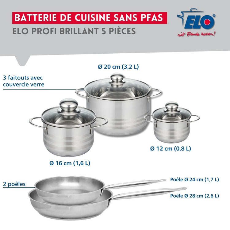 Ensemble de 2 Poêles de cuisson 24 et 28 cm et 3 faitouts 12, 16 et 20 cm Elo Profi Brillant