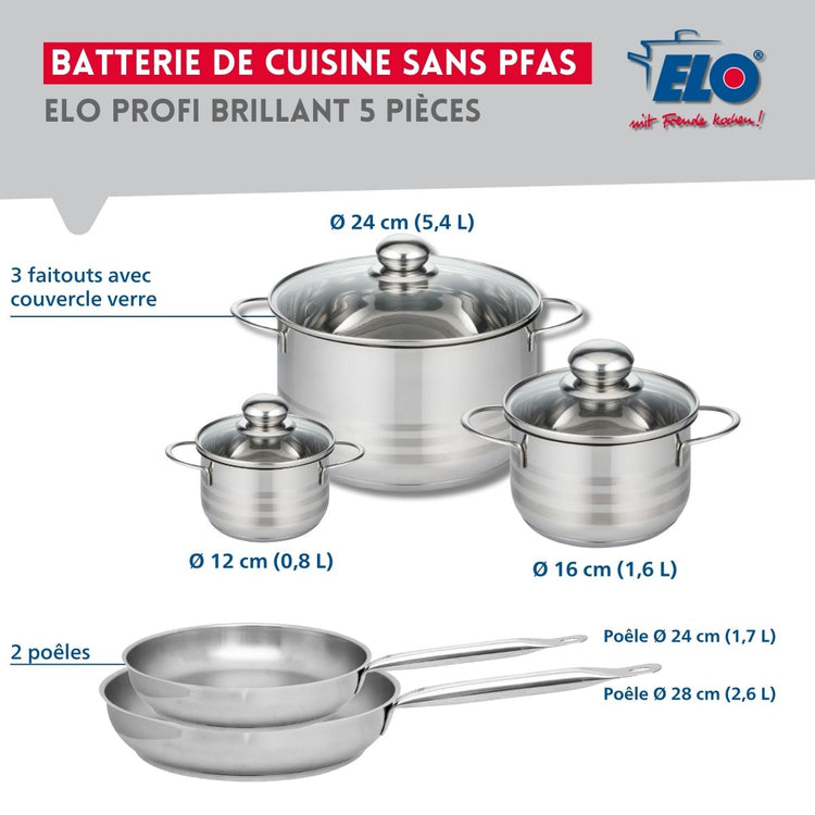 Ensemble de 2 Poêles de cuisson 24 et 28 cm et 3 faitouts 12, 16 et 24 cm Elo Profi Brillant