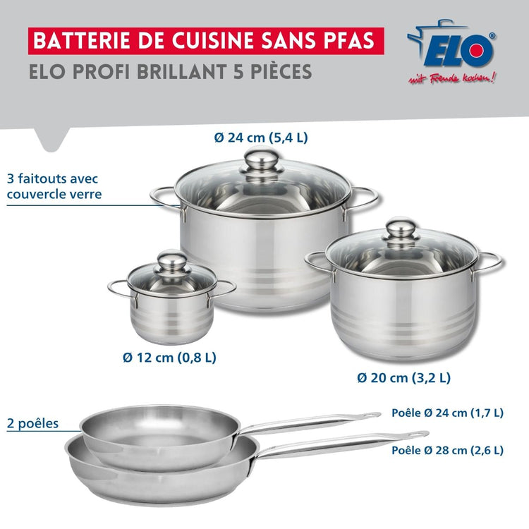 Ensemble de 2 Poêles de cuisson 24 et 28 cm et 3 faitouts 12, 20 et 24 cm Elo Profi Brillant