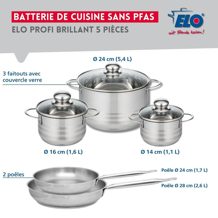 Ensemble de 2 Poêles de cuisson 24 et 28 cm et 3 faitouts 14, 16 et 24 cm Elo Profi Brillant