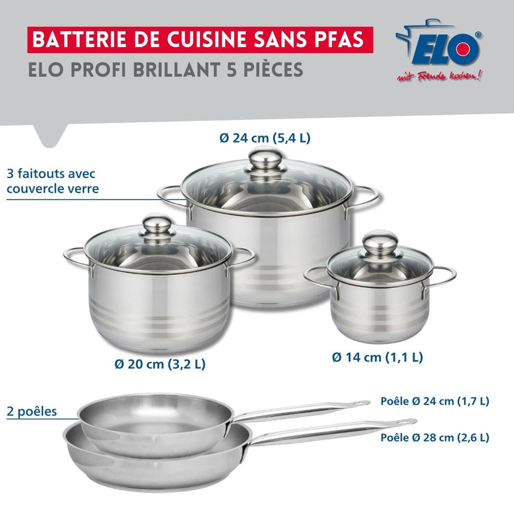 Ensemble de 2 Poêles de cuisson 24 et 28 cm et 3 faitouts 14, 20 et 24 cm Elo Profi Brillant