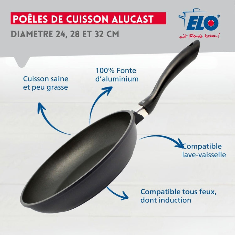 Ensemble de 3 poêles à frire et 3 couvercles en verre de 24 cm 28 cm et 32 cm Elo Alucast