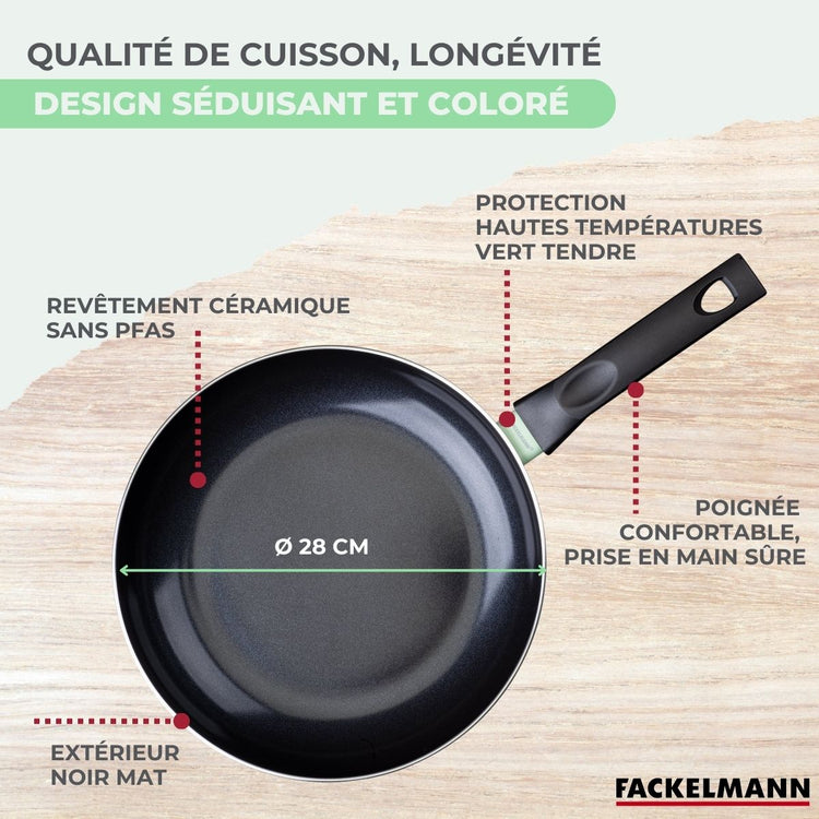 Poêle 28 cm aluminium revêtement céramique antiadhésif sans PFAS Fackelmann