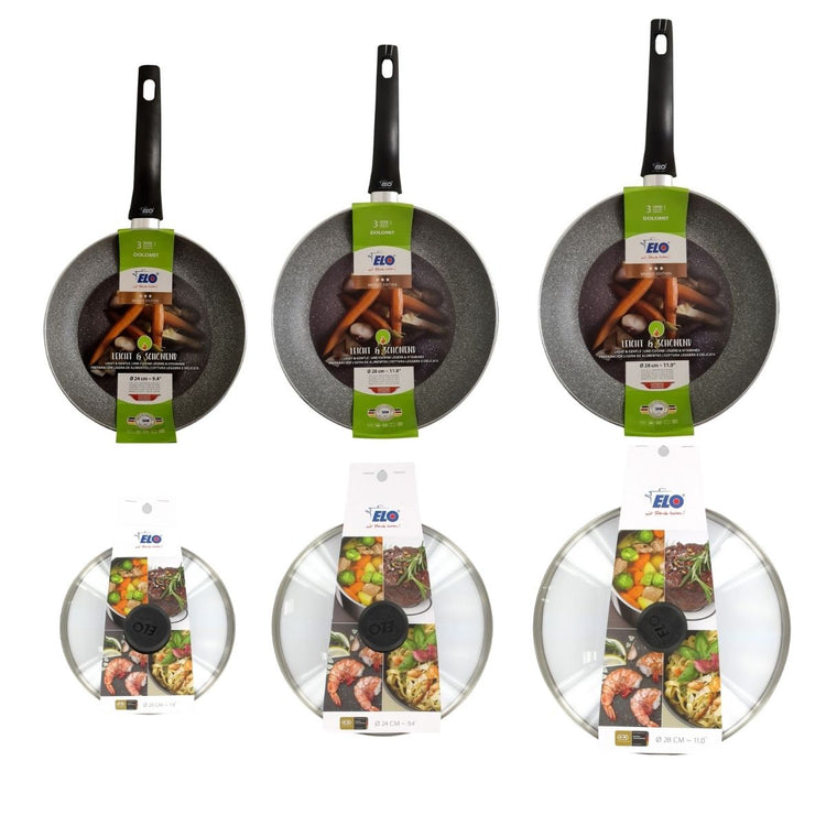 Ensemble de 3 poêles de cuisine et 3 couvercles 24 cm 28 cm et 32 cm Elo Dolomit