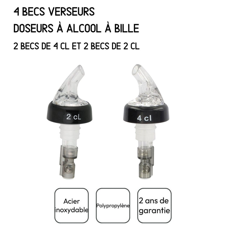 Set de 4 becs verseurs doseurs à alcool à bille 2 cl et 4 cl Fackelmann